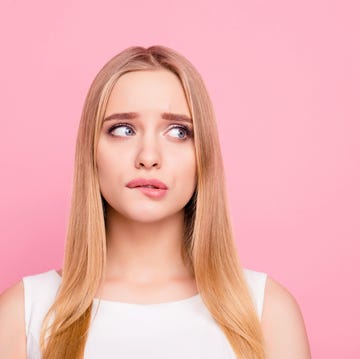 Problem trouble negative nervous sad unhappy upset people concept. Close up portrait of sweet charming tender gentle nervous beautiful attractive elegant stunning girl looking side isolated background