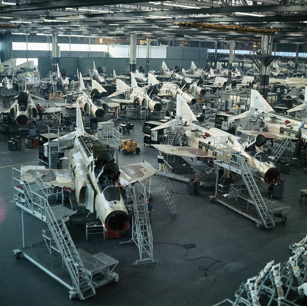 view of factory producing f 4 phantom jet planes