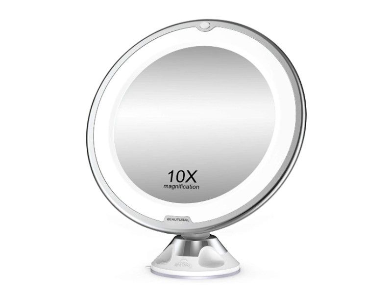 Espejo de aumento con luz, espejo de maquillaje LED, aumento de 10x, brillo  ajustable, tres colores de luz, espejo de maquillaje, espejo de cuello de