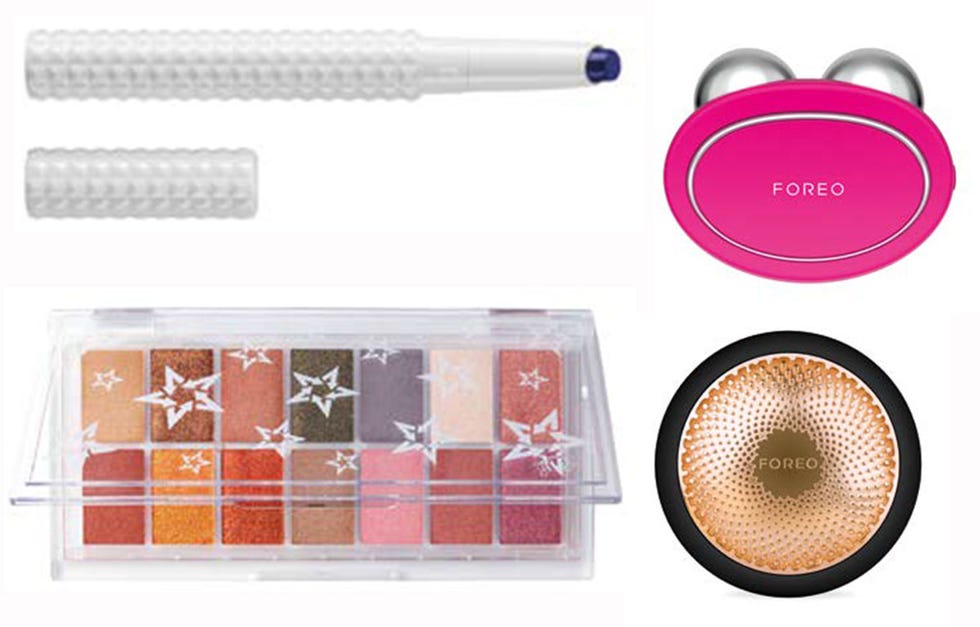 sombra y lápiz de ojos, cepillo limpiador foreo y dispositivo de microcorrientes de foreo