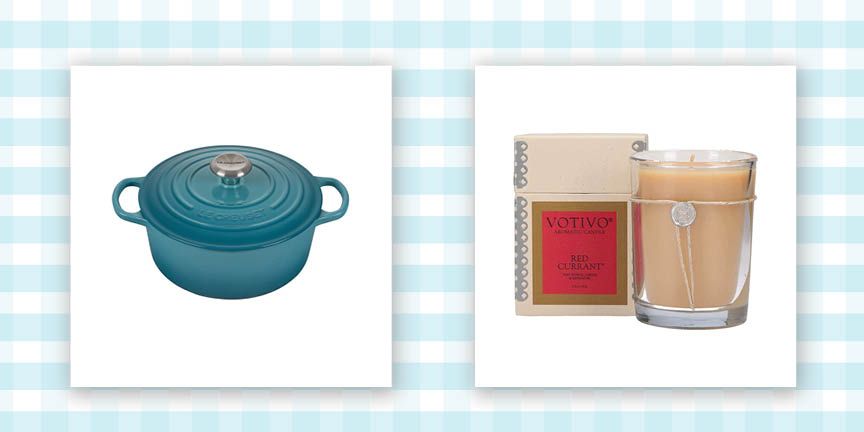 teal dutch oven and a beige votivo candle in a glass jar on a blue and white background