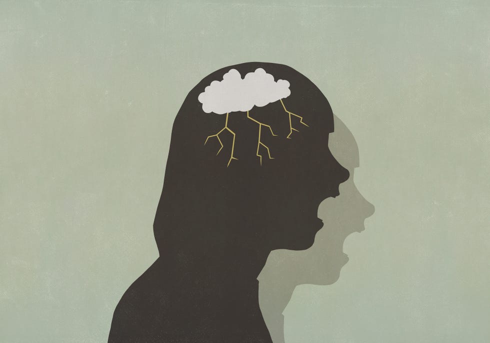 profile silhouette screaming woman with storm cloud in head