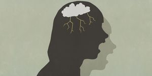 profile silhouette screaming woman with storm cloud in head