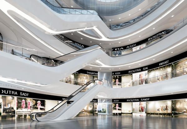 Shopping mall, Building, Architecture, Lobby, Ceiling, Retail, Mixed-use, Escalator, Interior design, Convention center, 