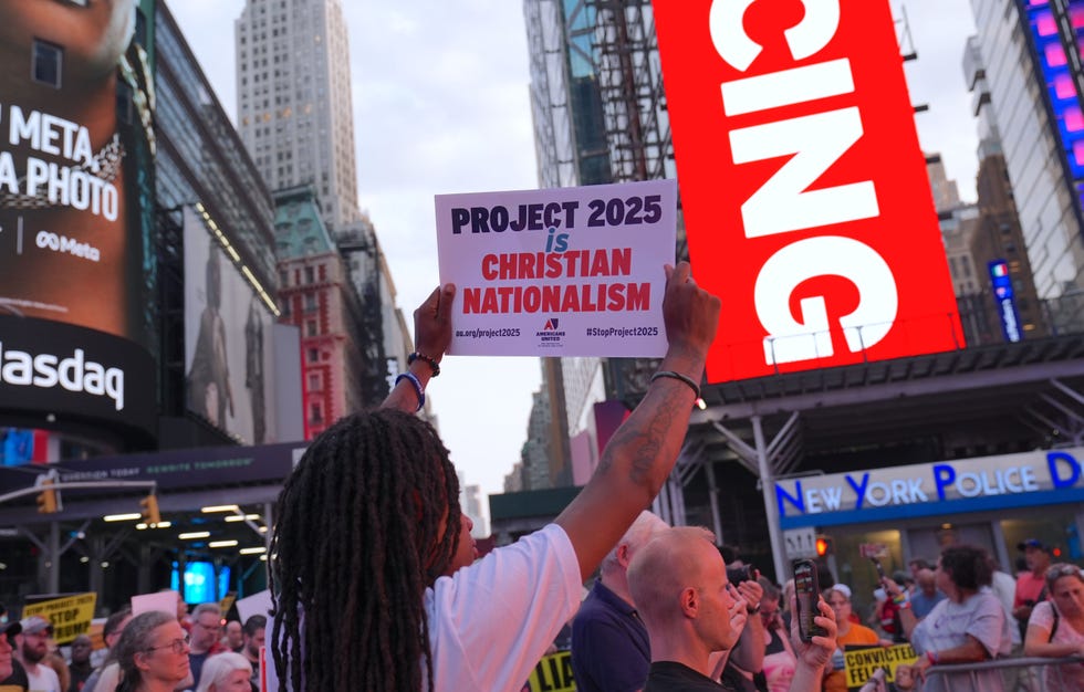 new york, united states july 27 americans who are against project 2025, a 922 page playbook of controversial policy proposals intended to guide the next conservative administration, hold an anti project 2025 rally at times square on saturday, july 27, 2024, new york, united states photo by selcuk acaranadolu via getty images