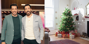 interior scene featuring a festive christmas tree with presents and two men in stylish outfits, property brothers holiday decorating mistakes