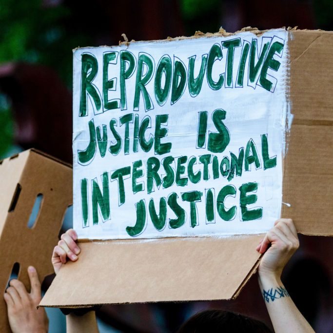 protester holds a placard saying "reproductive justice is