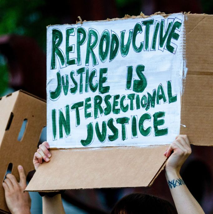 protester holds a placard saying reproductive justice is intersectional justice