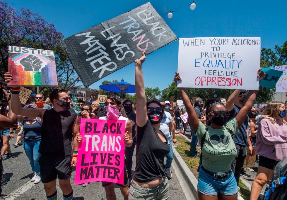 two protestors holding up signs that read 'black trans lives matter' and 'when you're accustomed to privilege equality feels like oppression'