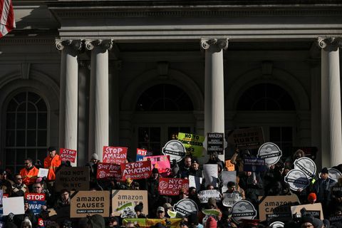 Anti-Amazon Protestors Rally At NYC City Hall Against Queens Second Headquarters