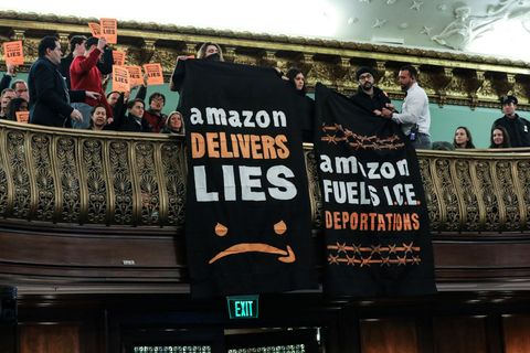 Anti-Amazon Protestors Rally At NYC City Hall Against Queens Second Headquarters