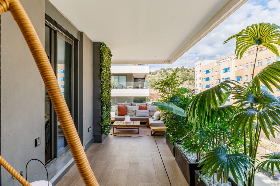 terraza con plantas y sofá esquinero