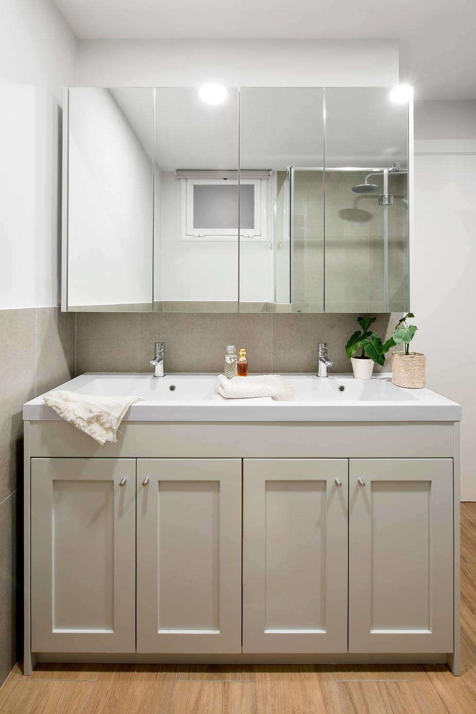 baño con armario de espejos y armario bajo lavabo de color gris