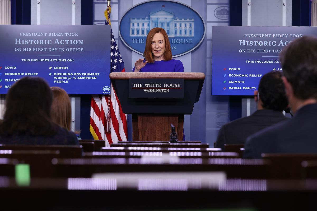 washington, dc   january 20 white house press secretary jen psaki conducts her first news conference of the biden administration in the brady press briefing room at the white house january 20, 2021 in washington, dc psaki previously worked in the obama administration as white house communications director and spokesperson for the state department photo by chip somodevillagetty images