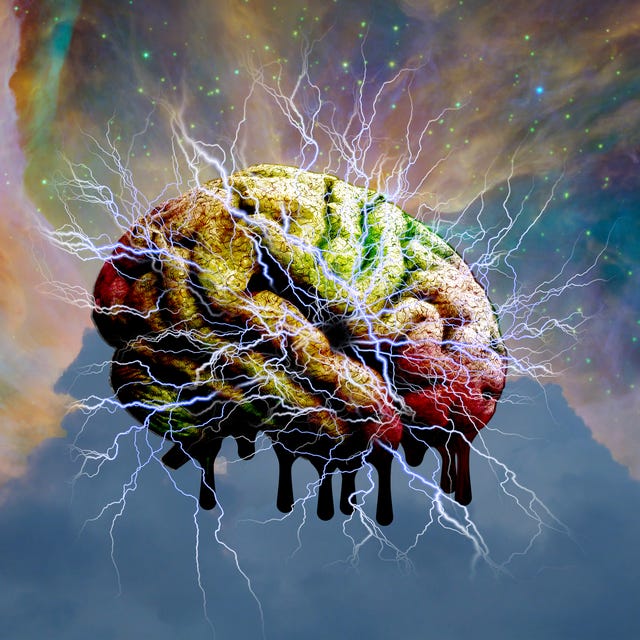 rainbow colored brain with lightning bolts all over it before a rainbow galaxy background with tiny stars