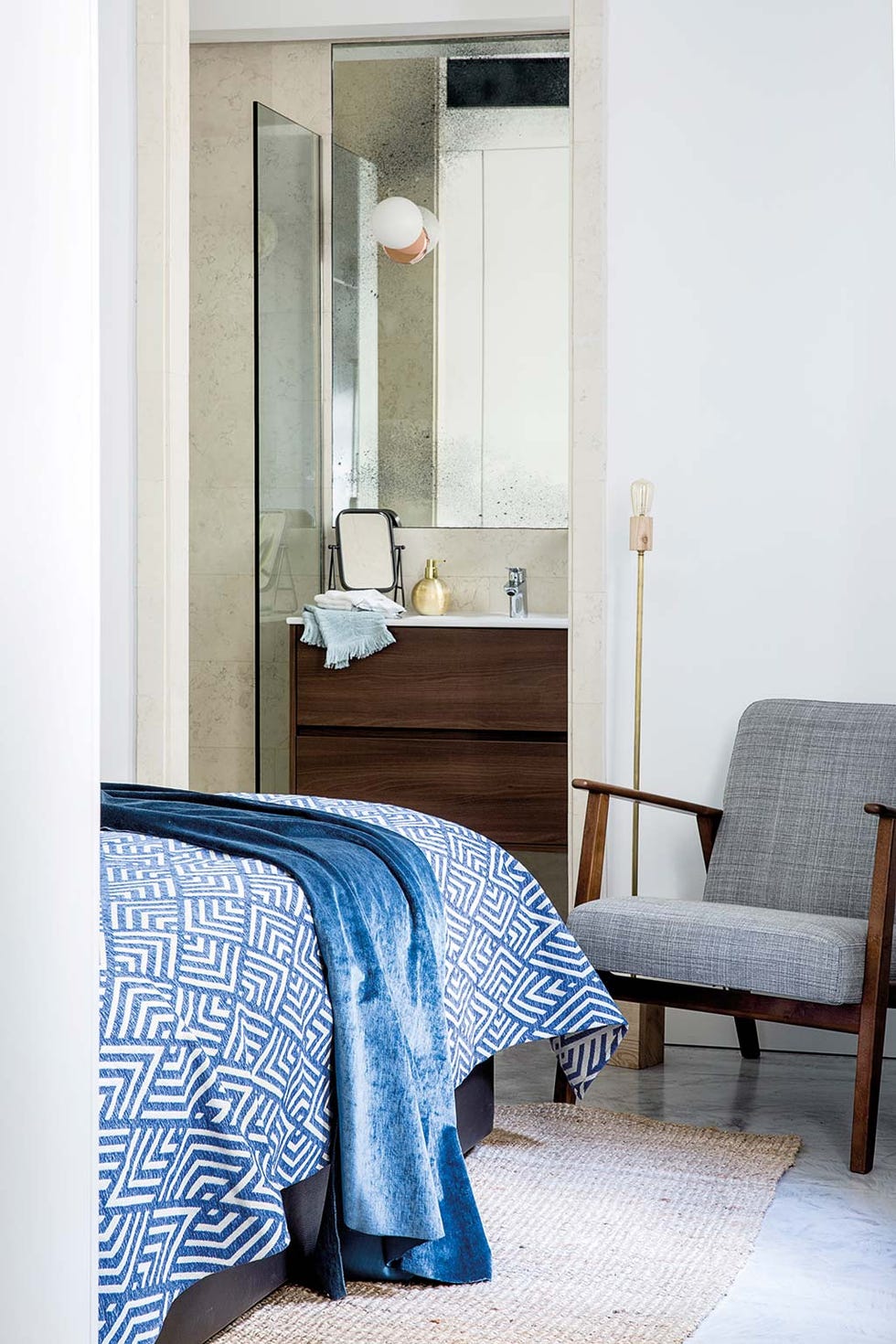 Furniture, Bedroom, Room, Blue, Bed, Bed sheet, Bedding, Property, Interior design, Wall, 