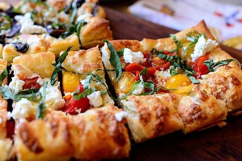 puff pastry pizza with cherry tomatoes