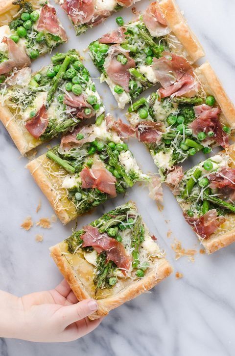 spring puff pastry tart with peas