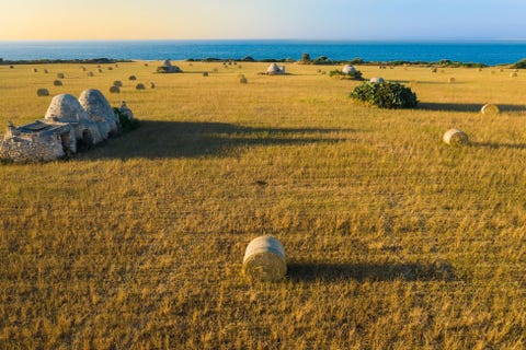 Hooibalen liggen verspreid over een gemaaide tarweakker bij Polignano a Mare een dorpje van vissers en boeren aan de Adriatische kust van Apuli in Itali Traditionele stenen schuurtjes die trulli worden genoemd worden ook vandaag de dag nog in deze streek gebouwd en gebruikt Een ontdekkingstocht op de fiets is de beste manier om dit landschap van wijngaarden zeegezichten baaitjes en kloosters op rotsen aan zee te bewonderen