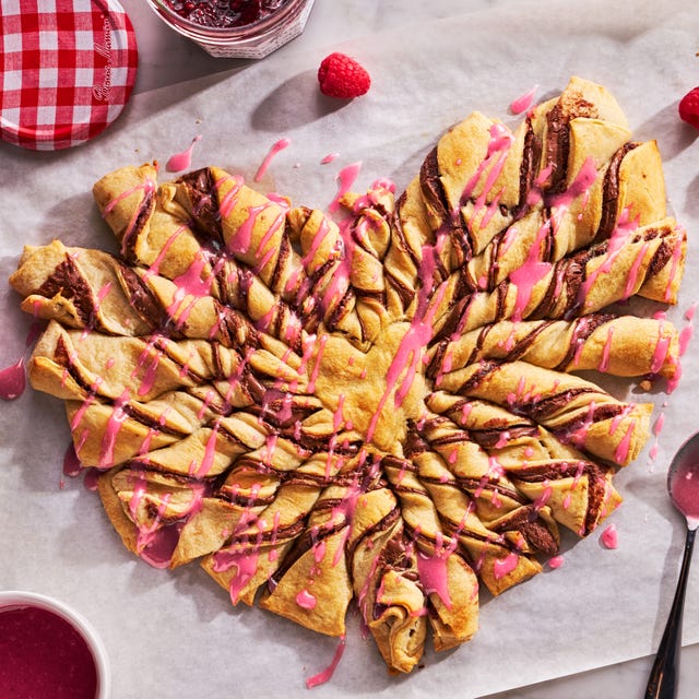 twisted chocolate heart drizzled with pink icing