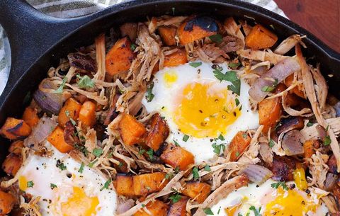Pulled pork sweet potato hash with eggs