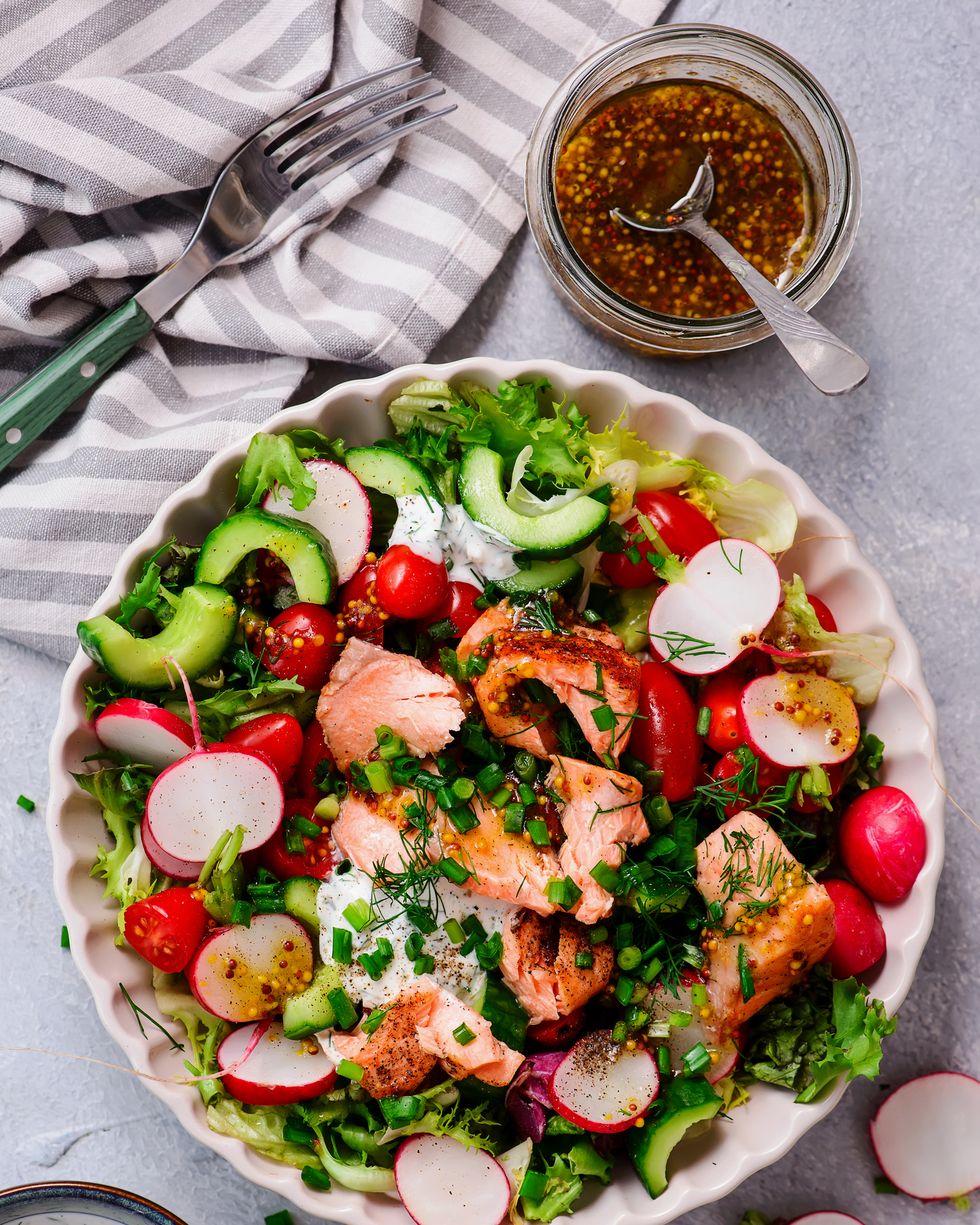pulled salmon spring vegetables salad