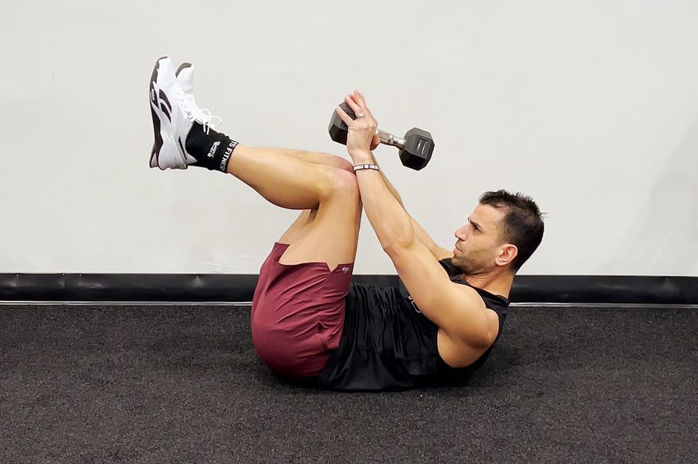 dumbbell core strengthening exercises, pullover double crunch