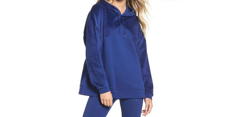 Clothing, Cobalt blue, Hood, Sleeve, Outerwear, Blue, Electric blue, Hoodie, Neck, Shoulder, 