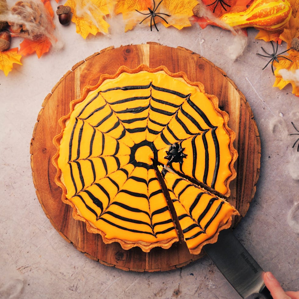 halloween recipe pumpkin bakewell spider web tart