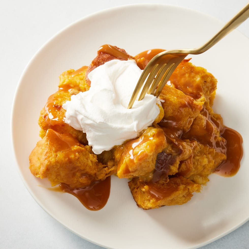 pumpkin bread pudding with whipped cream