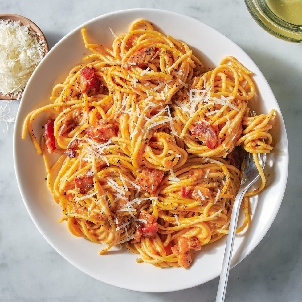 carbonara with pumpkin puree and bacon