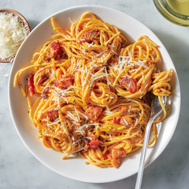 carbonara with pumpkin puree and bacon