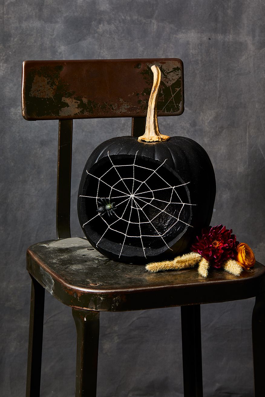 pumpkin carving ideas, black pumpkin with spider web design on the front