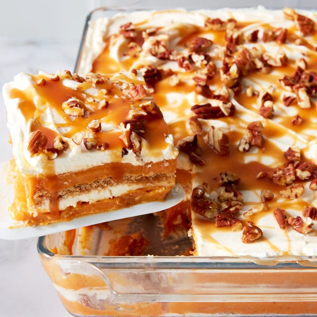 Pumpkin Cheesecake Lasagna pumpkin cheesecake lasagna topped with pecans and caramel