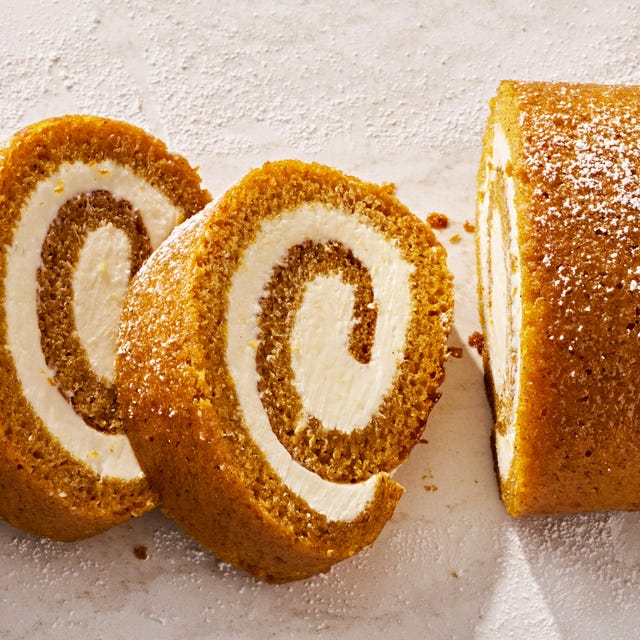 pumpkin cheesecake roll with a cream cheese swirl