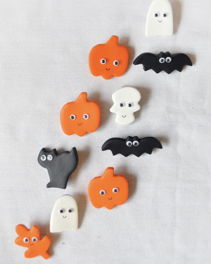 halloween ghosts, pumpkin and leaves pins with goggle eyes made from clay