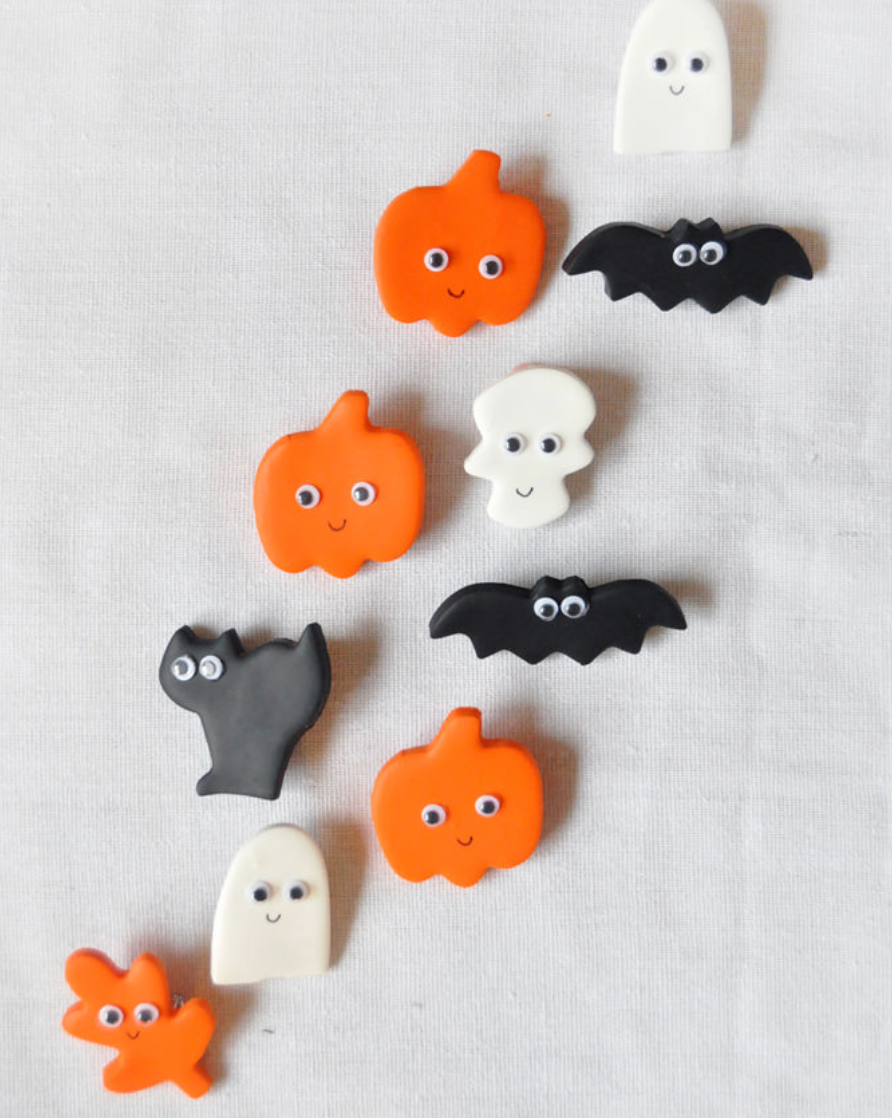 Halloween ghosts, pumpkin and leaves pins with goggle eyes made from clay halloween ghosts, pumpkin and leaves pins with goggle eyes made from clay