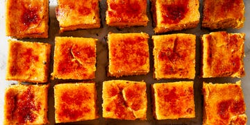 pumpkin cheesecake bars with a crème brûlée torched topping