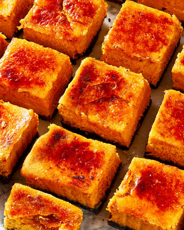 pumpkin cheesecake bars with a crème brûlée torched topping