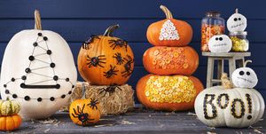 diy halloween pumpkins button witch hat, button spiders, button candy corn, button “boo”, mummy pumpkins with button eyes