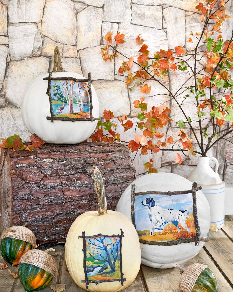 paint by numbers pumpkins, giant acorns made form acorn squash and twine, with log, fall leaves, in front of stone wall