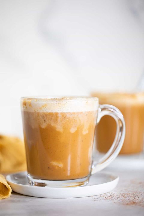 pumpkin chai latte in glass mug