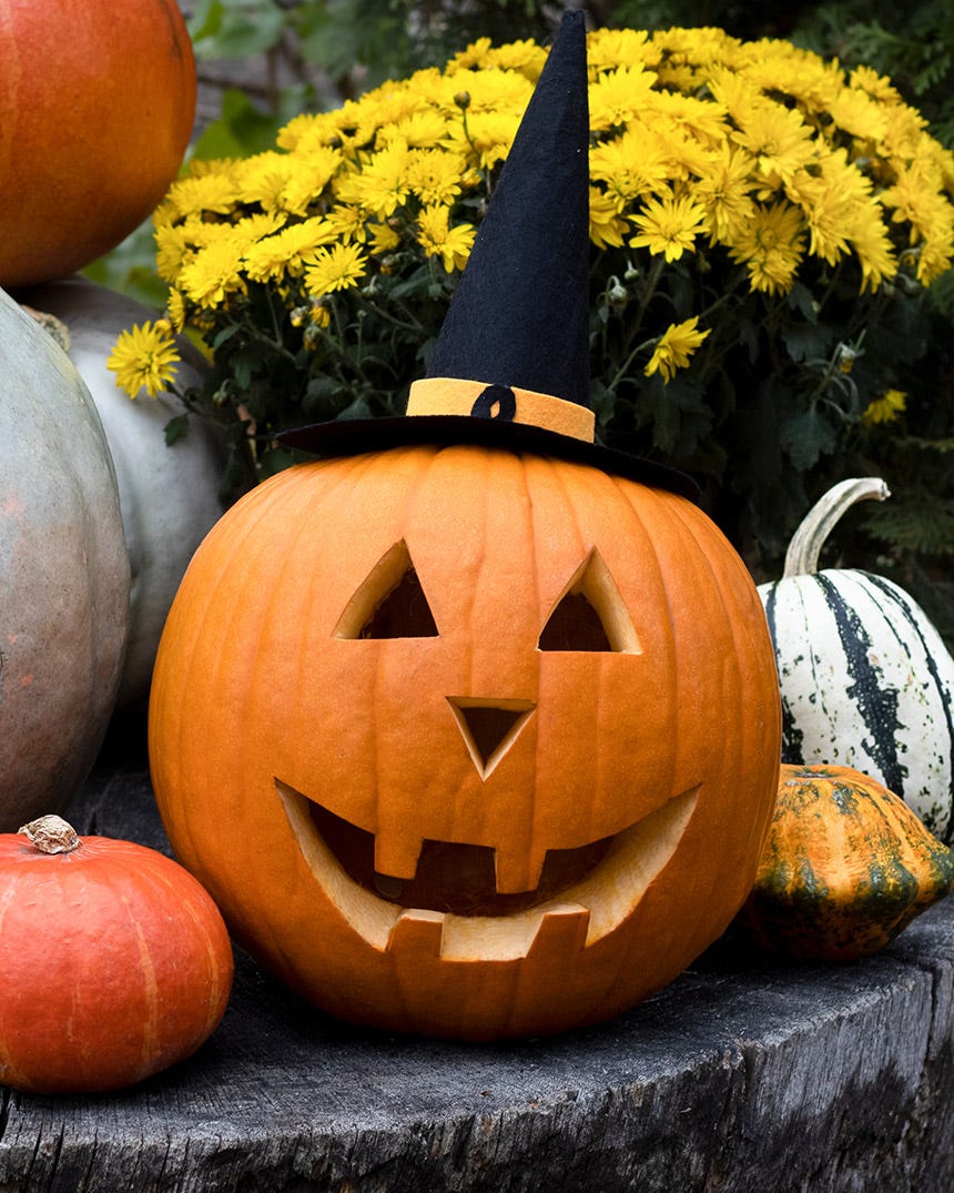 classic pumpkin faces with a witch hat