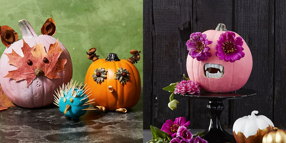 pumpkin faces, woodland faced pumpkins, pink pumpkin with vampire teeth