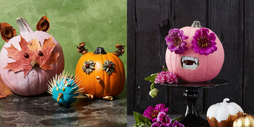 pumpkin faces, woodland faced pumpkins, pink pumpkin with vampire teeth