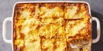 pumpkin lasagna in a white casserole dish