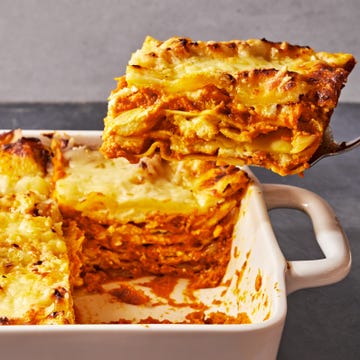 pumpkin lasagna in a white casserole dish