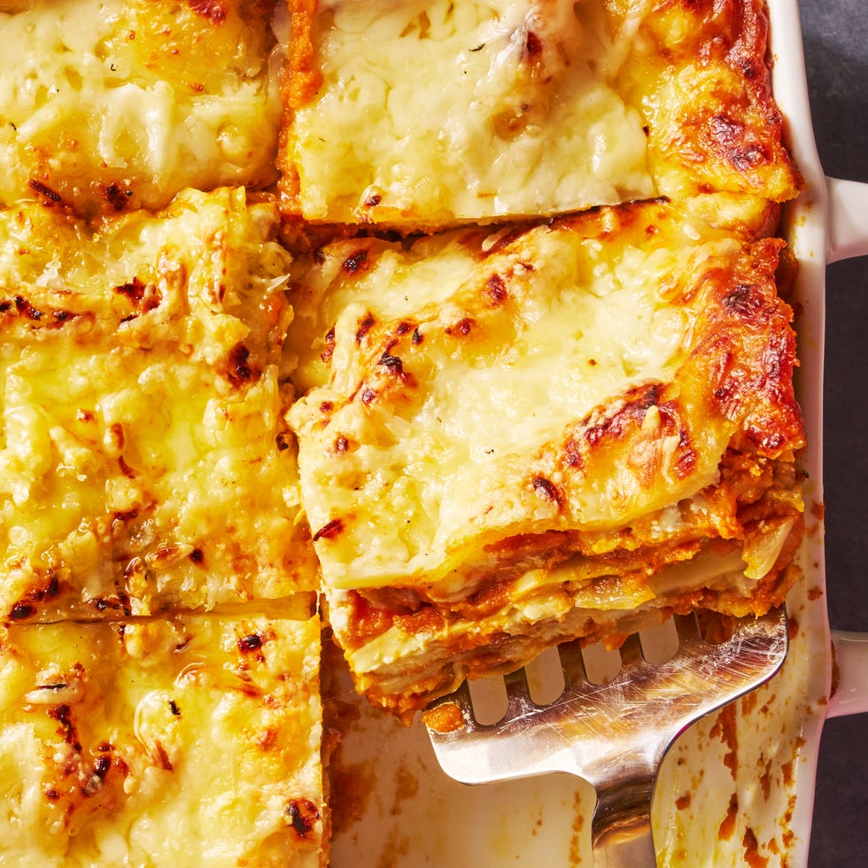 pumpkin lasagna in a white casserole dish
