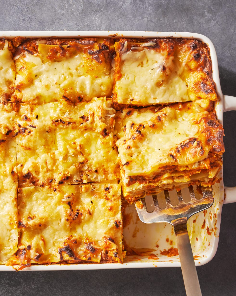 Pumpkin lasagna in a white casserole dish