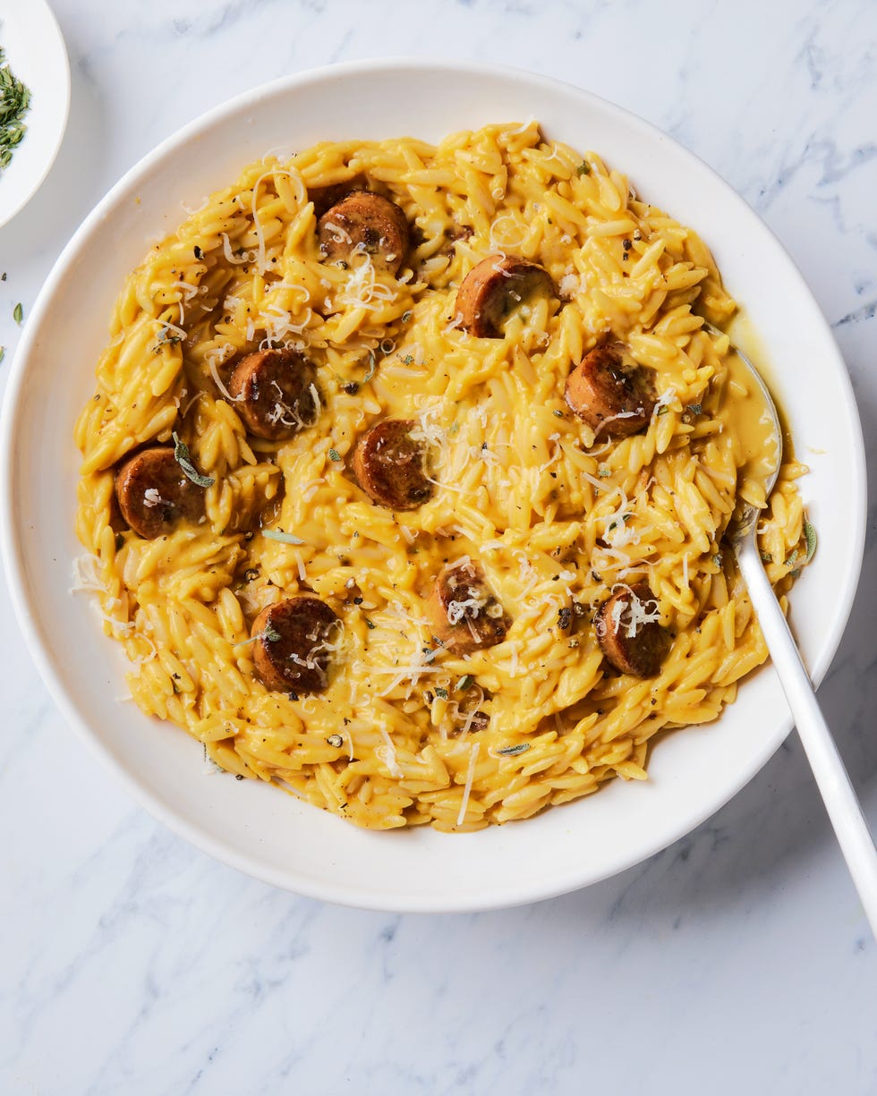 pumpkin orzo with chicken sausage